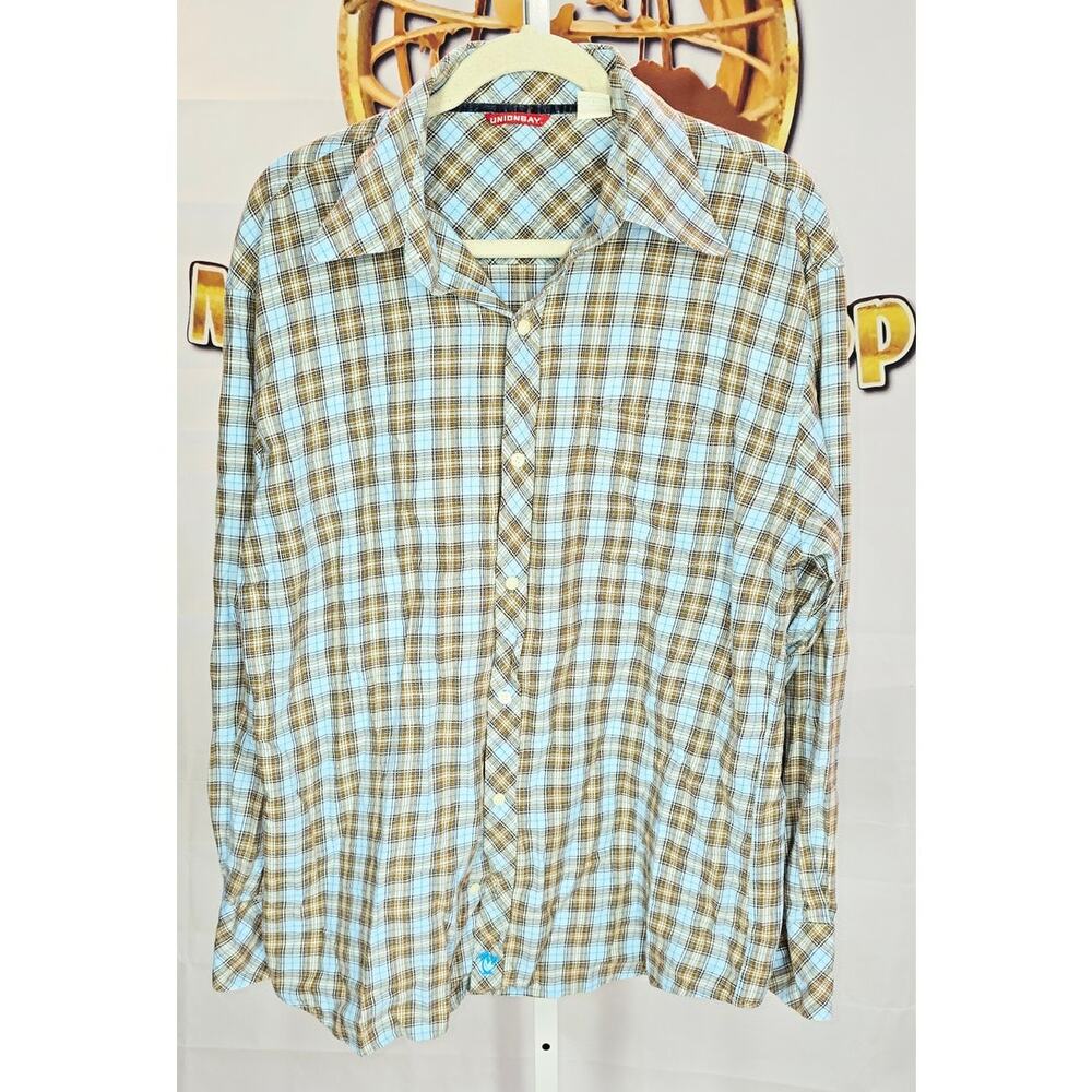 Unionbay Brown Blue Plaid Cotton Button Down Shirt Size Large